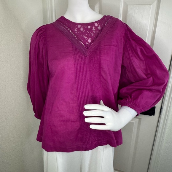 Farm Rio Fuchsia Pink Smocked Puff Sleeve Blouse with Bib Collar - Picture 4 of 13